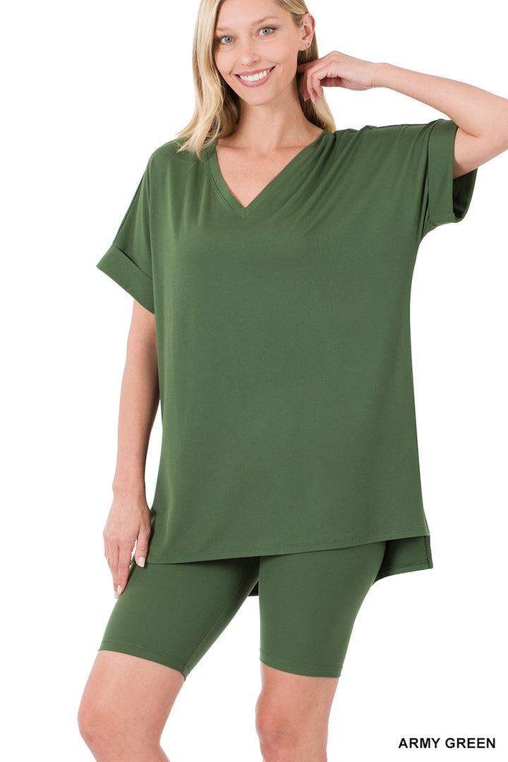 Brushed dty microfiber v-neck top &amp; biker shorts