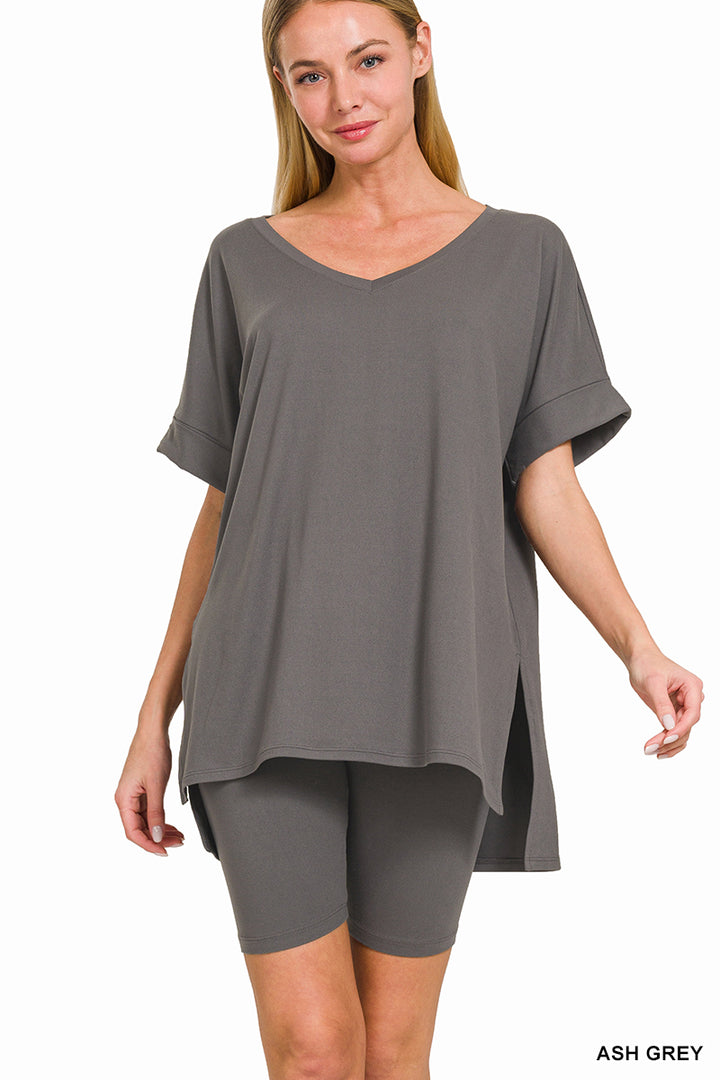 Brushed dty microfiber v-neck top &amp; biker shorts