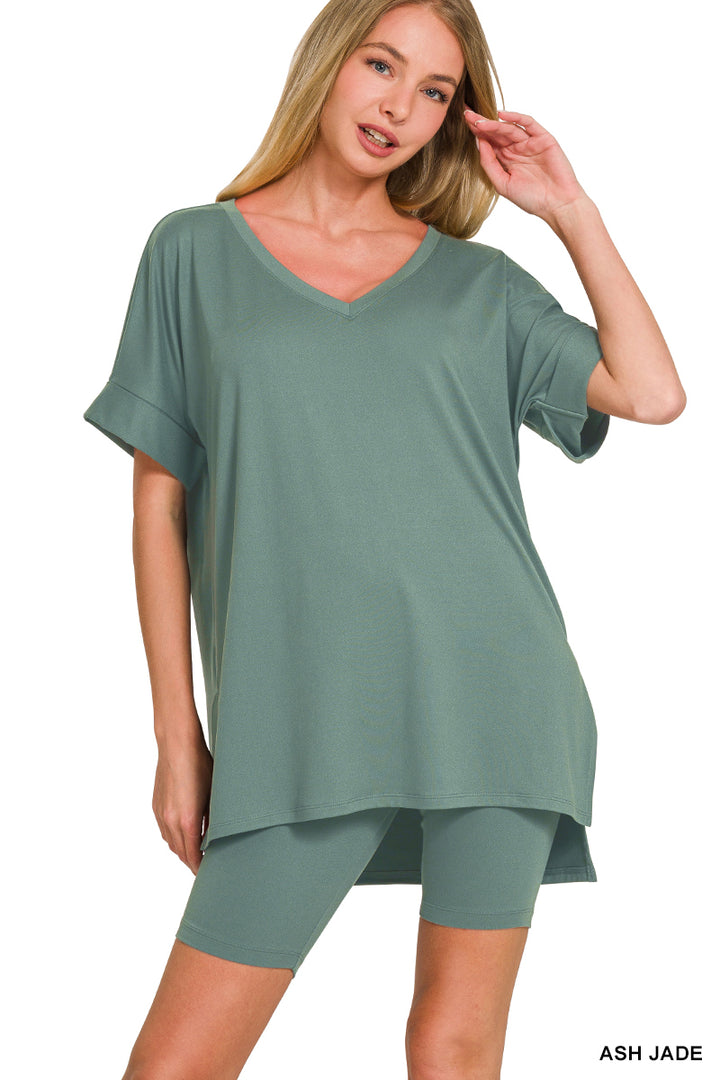 Brushed dty microfiber v-neck top &amp; biker shorts