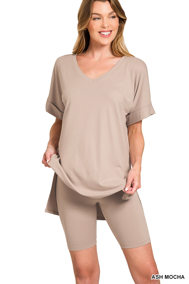 Brushed dty microfiber v-neck top &amp; biker shorts