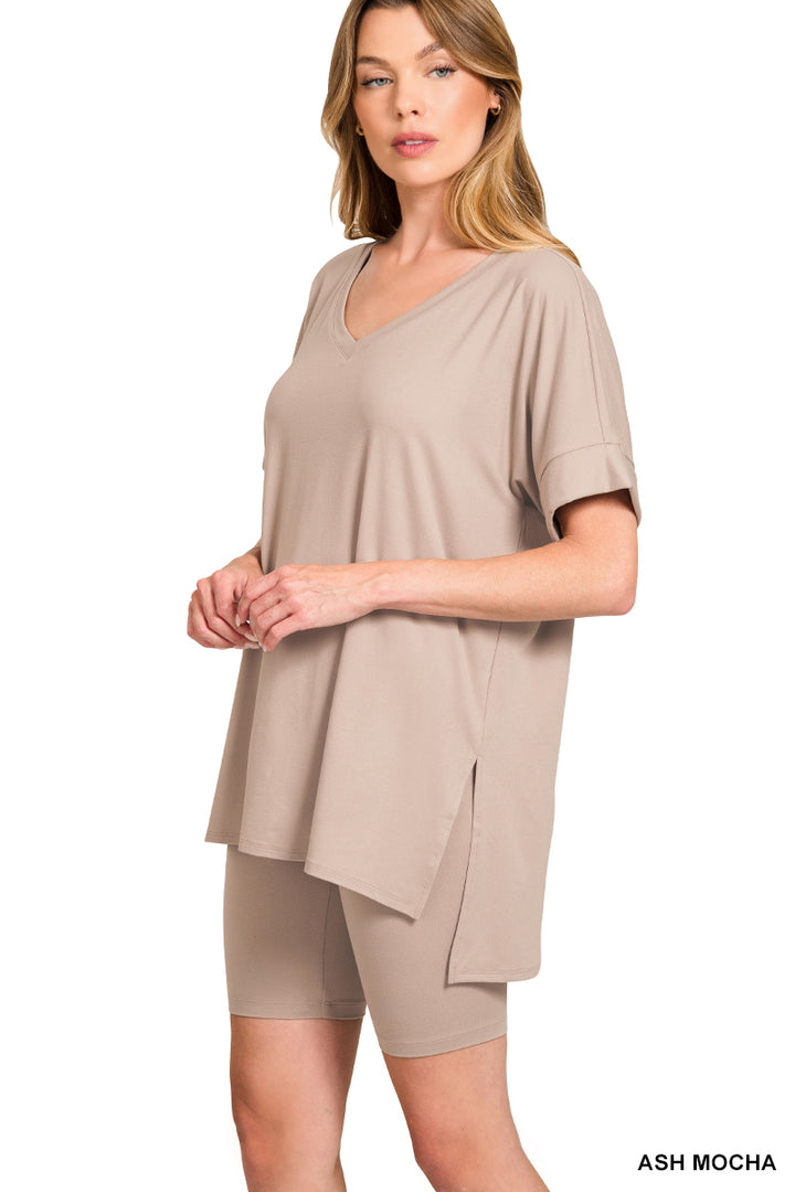 Brushed dty microfiber v-neck top &amp; biker shorts