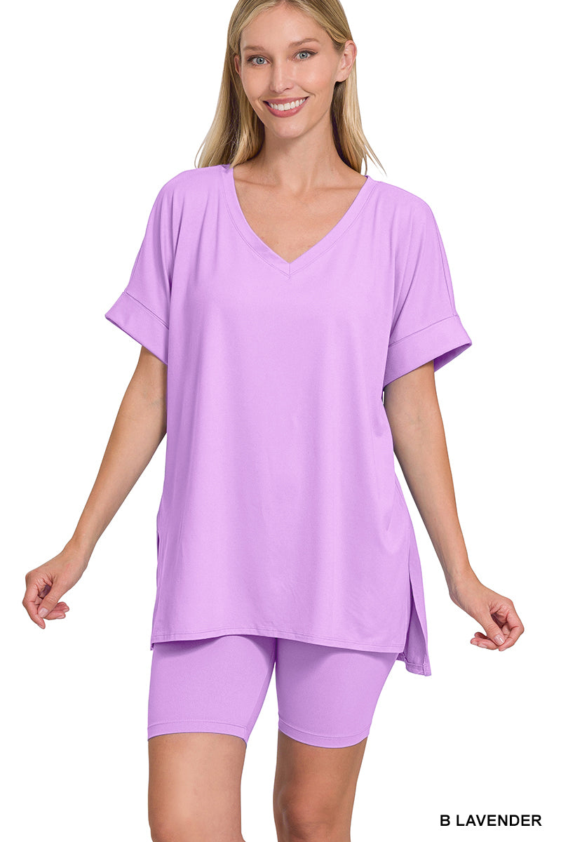 Brushed dty microfiber v-neck top &amp; biker shorts
