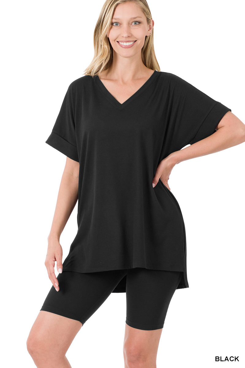 Brushed dty microfiber v-neck top &amp; biker shorts