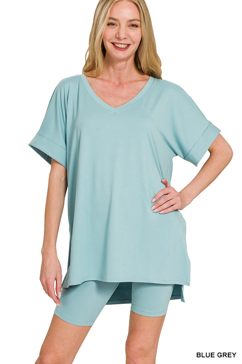Brushed dty microfiber v-neck top &amp; biker shorts