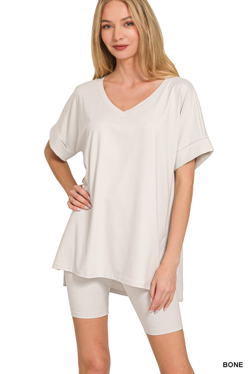 Brushed dty microfiber v-neck top &amp; biker shorts