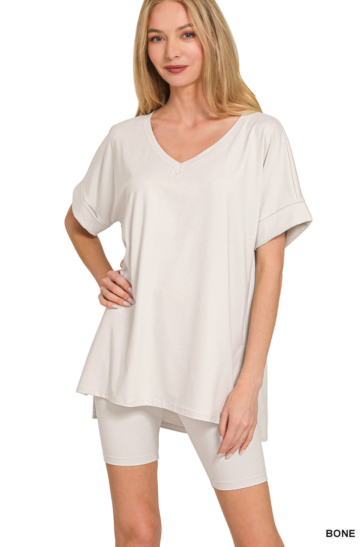 Brushed dty microfiber v-neck top &amp; biker shorts