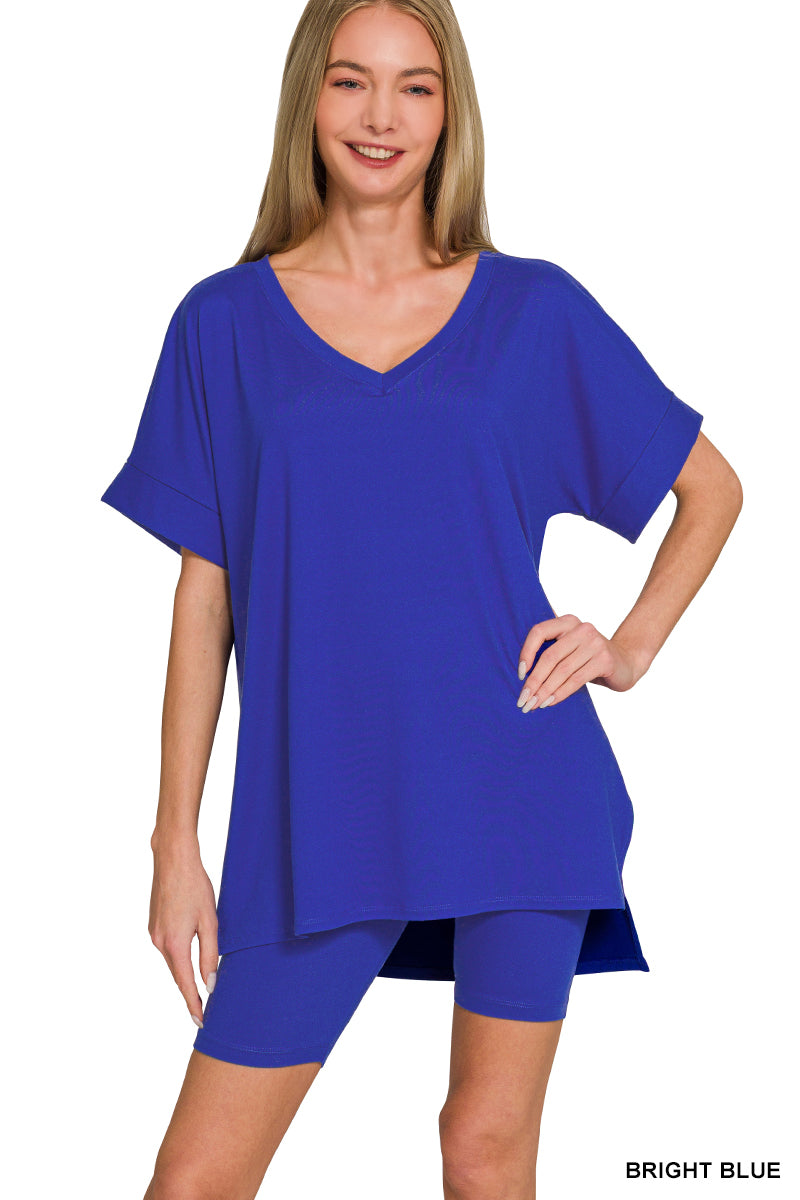 Brushed dty microfiber v-neck top &amp; biker shorts