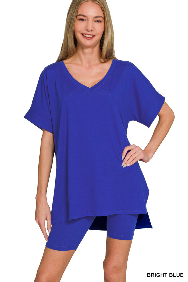 Brushed dty microfiber v-neck top &amp; biker shorts