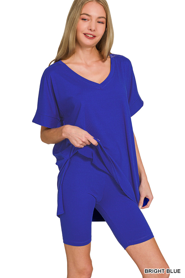 Brushed dty microfiber v-neck top &amp; biker shorts