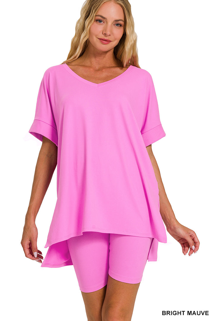 Brushed dty microfiber v-neck top &amp; biker shorts