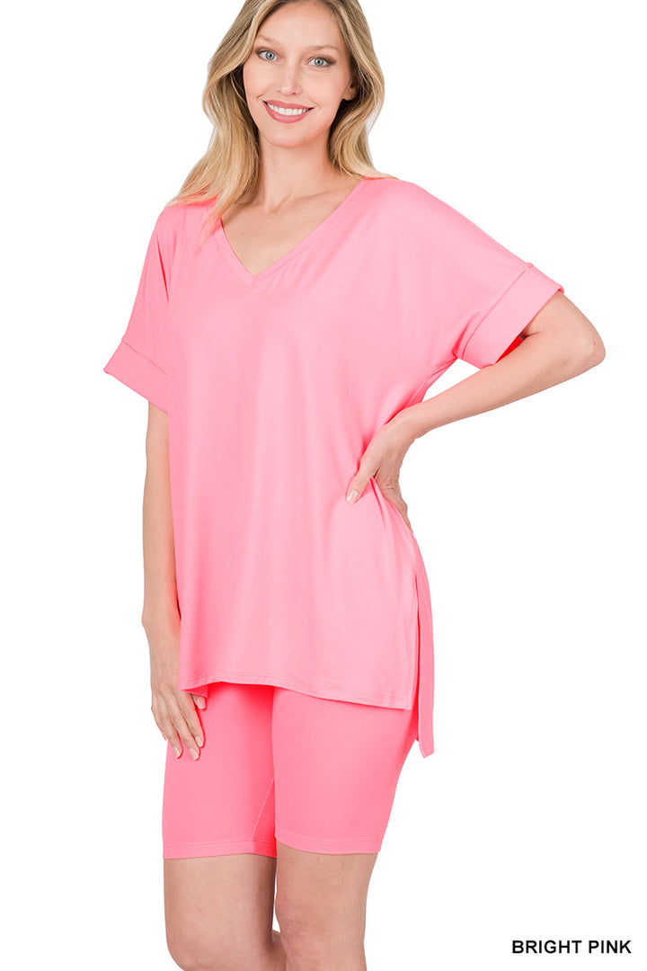 Brushed dty microfiber v-neck top &amp; biker shorts