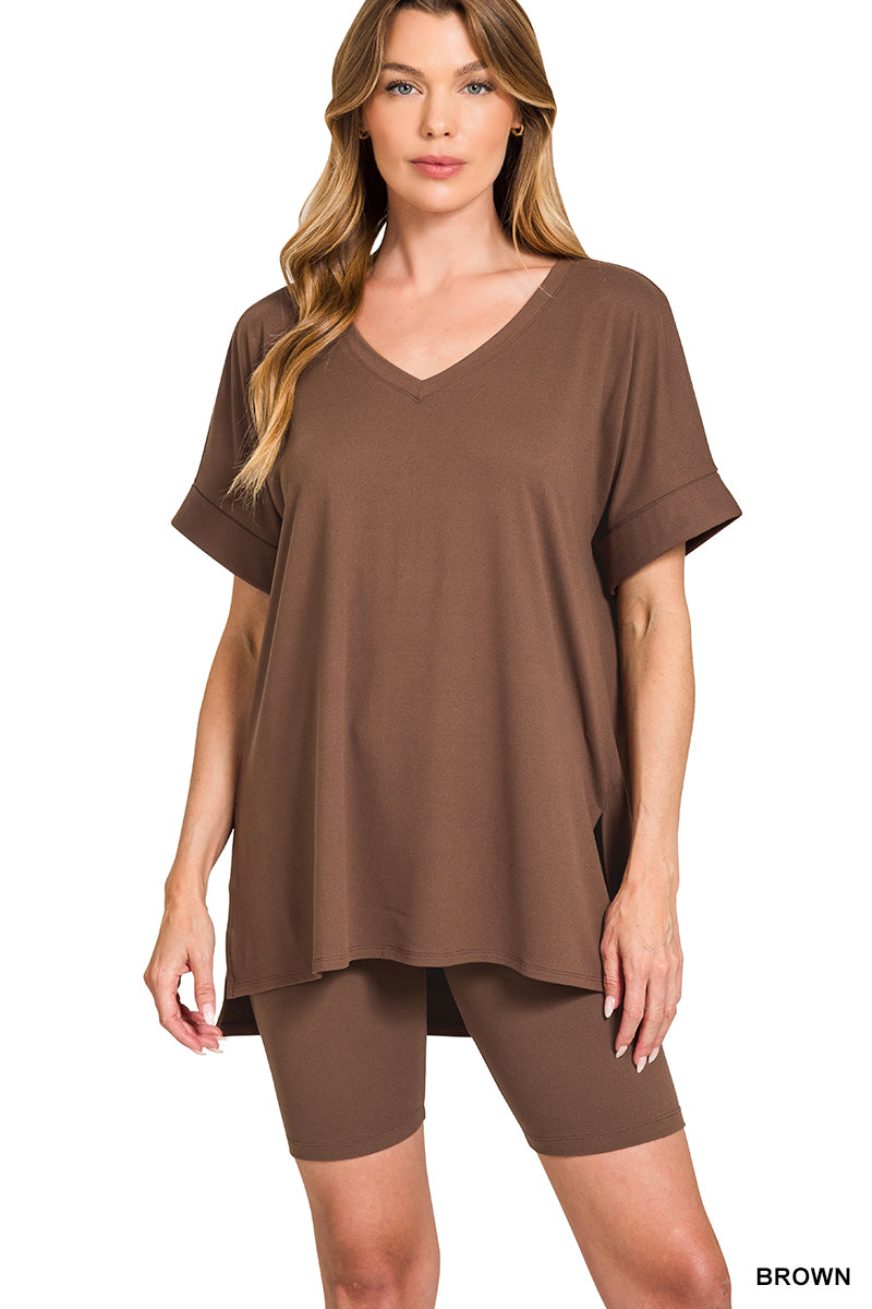 Brushed dty microfiber v-neck top &amp; biker shorts