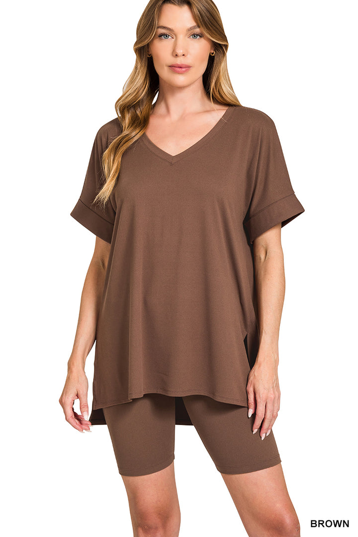 Brushed dty microfiber v-neck top &amp; biker shorts