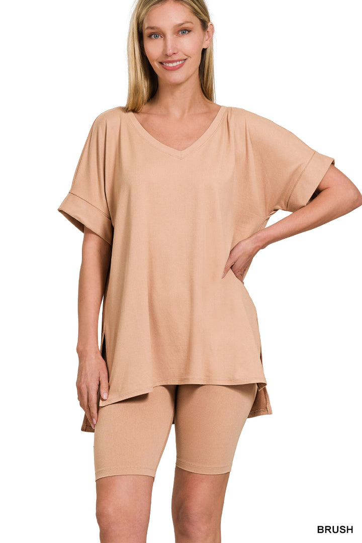 Brushed dty microfiber v-neck top &amp; biker shorts