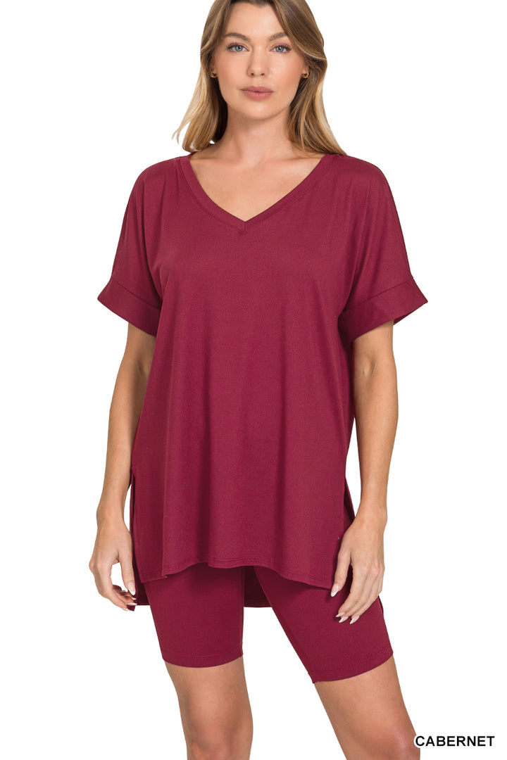 Brushed dty microfiber v-neck top &amp; biker shorts