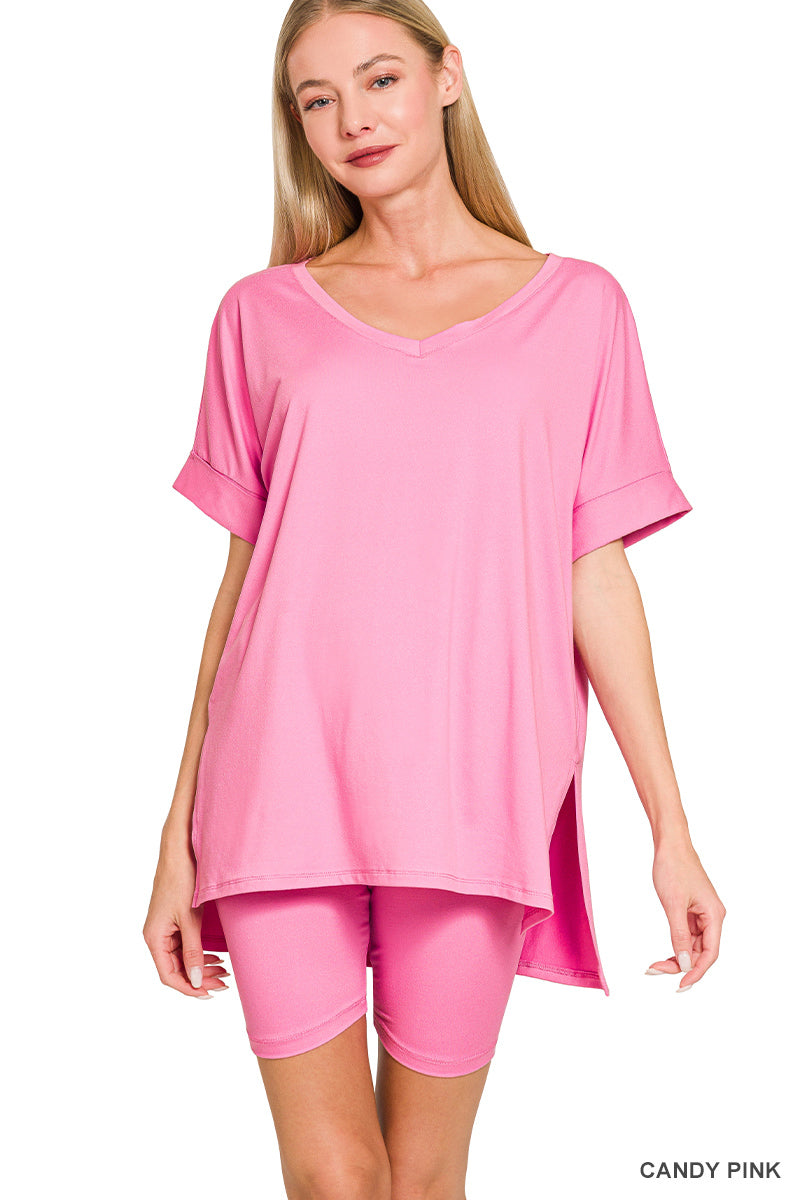 Brushed dty microfiber v-neck top &amp; biker shorts
