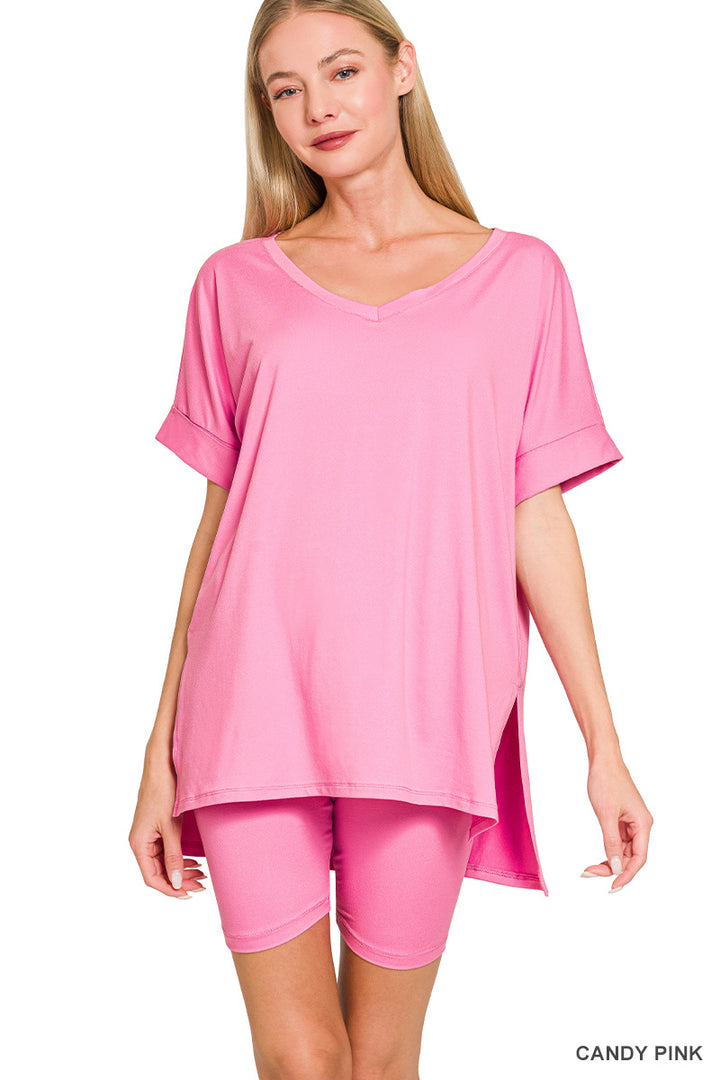Brushed dty microfiber v-neck top &amp; biker shorts