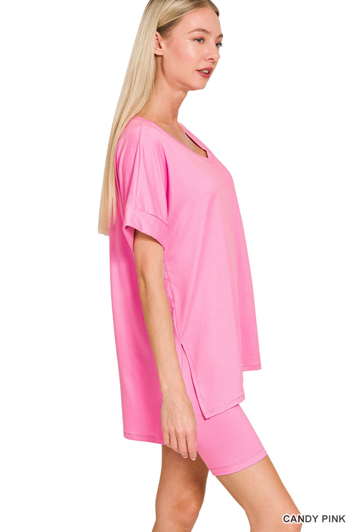 Brushed dty microfiber v-neck top &amp; biker shorts