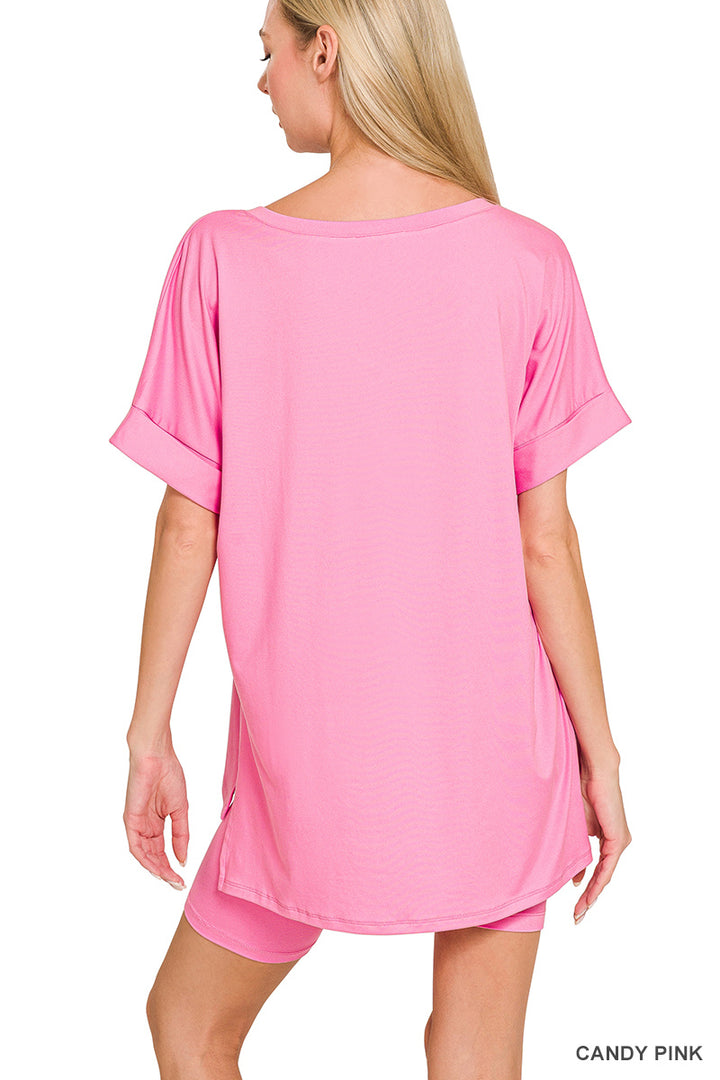 Brushed dty microfiber v-neck top &amp; biker shorts