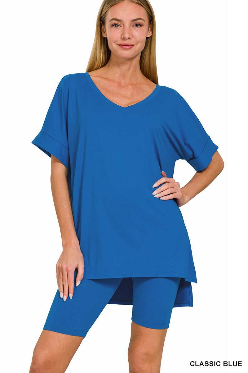 Brushed dty microfiber v-neck top &amp; biker shorts