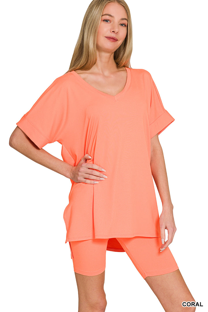 Brushed dty microfiber v-neck top &amp; biker shorts