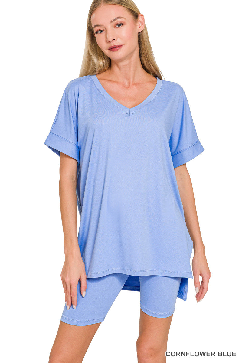 Brushed dty microfiber v-neck top &amp; biker shorts