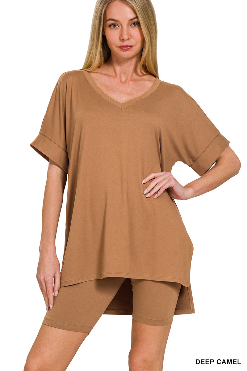 Brushed dty microfiber v-neck top &amp; biker shorts