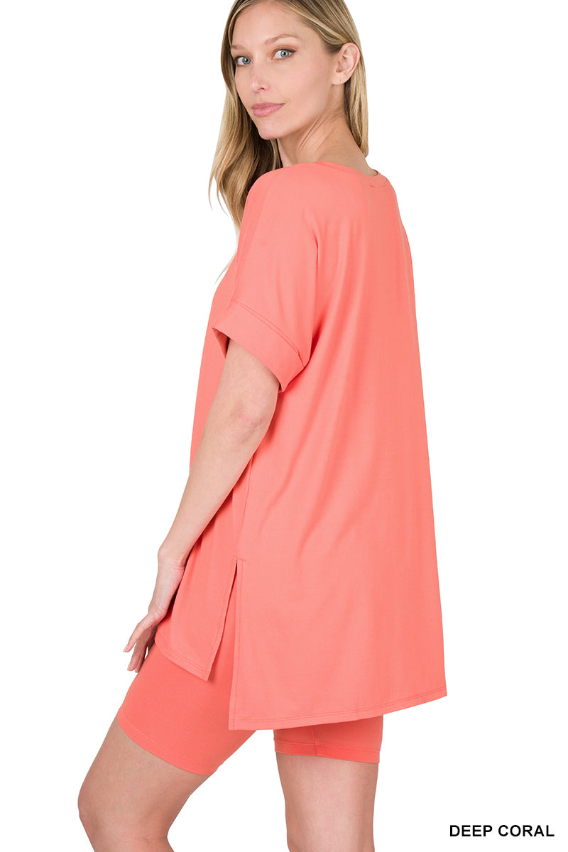 Brushed dty microfiber v-neck top &amp; biker shorts