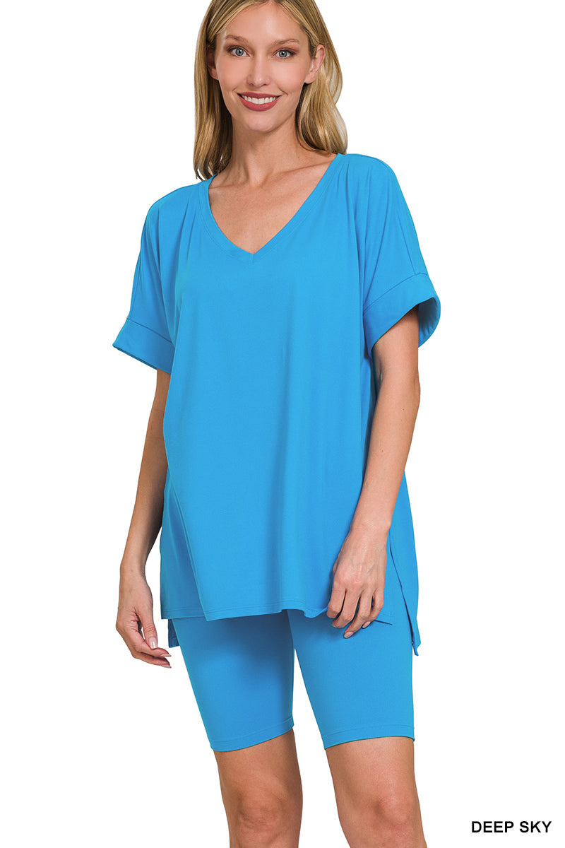 Brushed dty microfiber v-neck top &amp; biker shorts