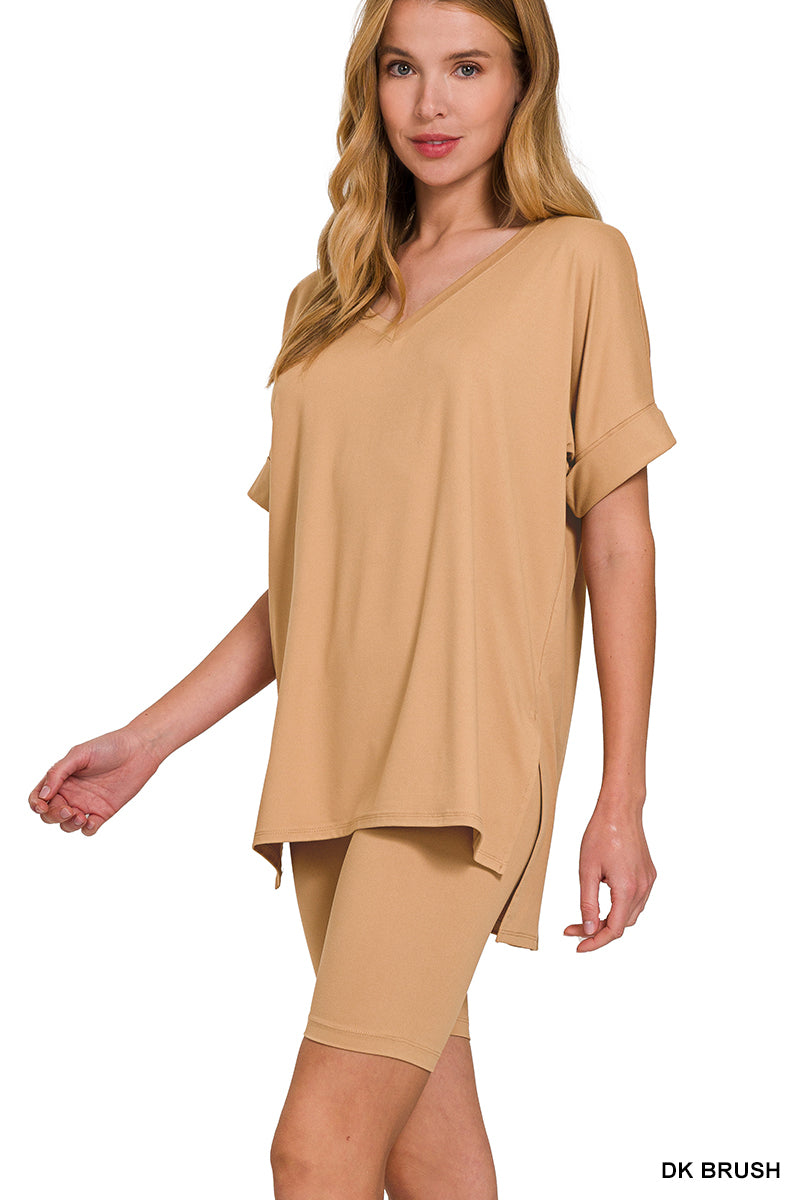 Brushed dty microfiber v-neck top &amp; biker shorts