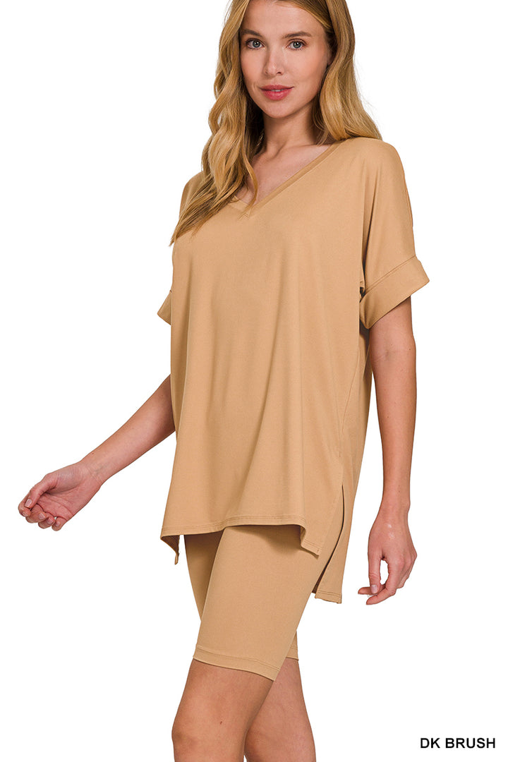 Brushed dty microfiber v-neck top &amp; biker shorts