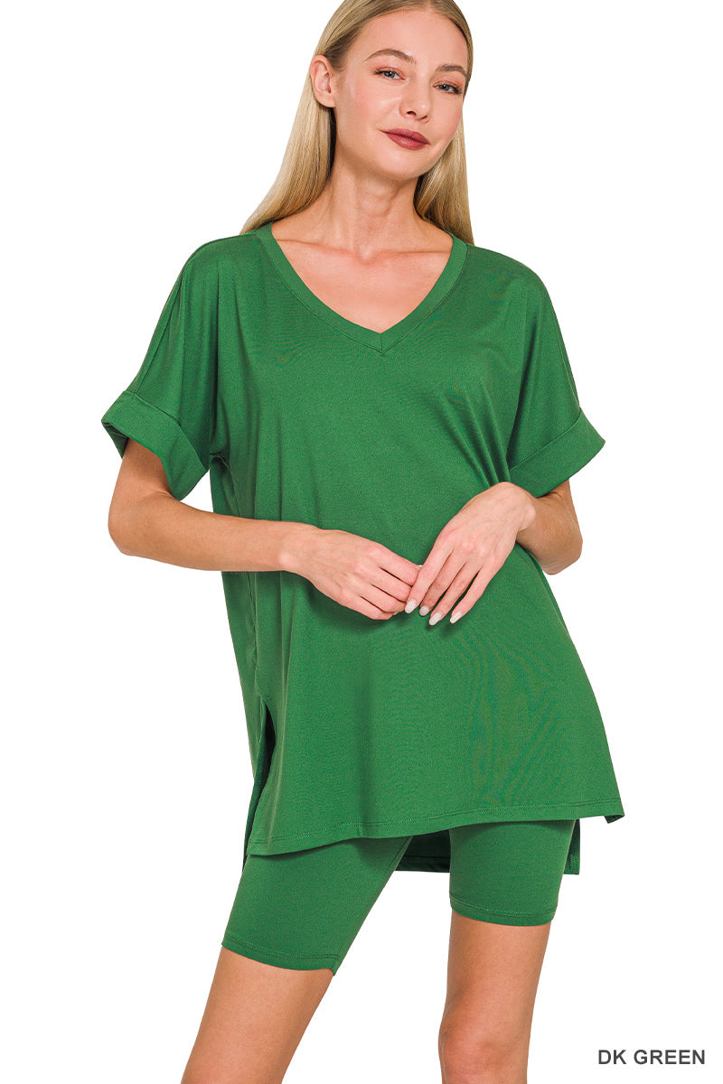 Brushed dty microfiber v-neck top &amp; biker shorts