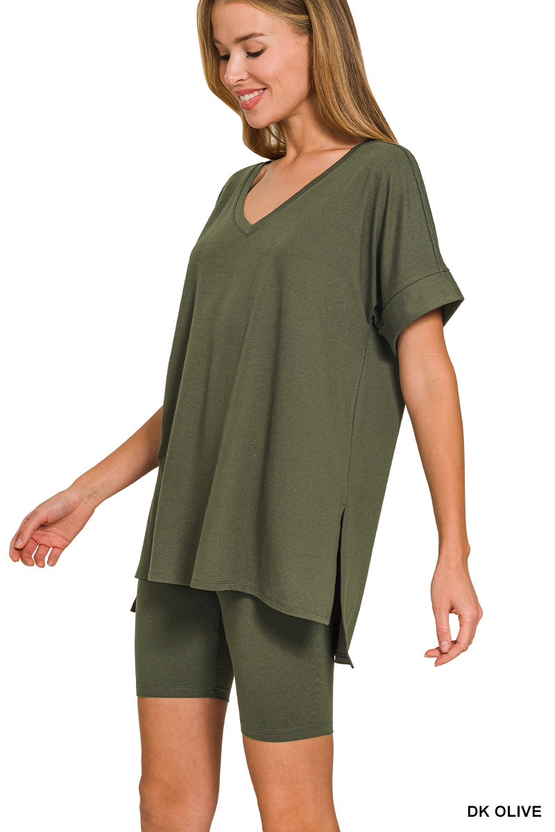 Brushed dty microfiber v-neck top &amp; biker shorts