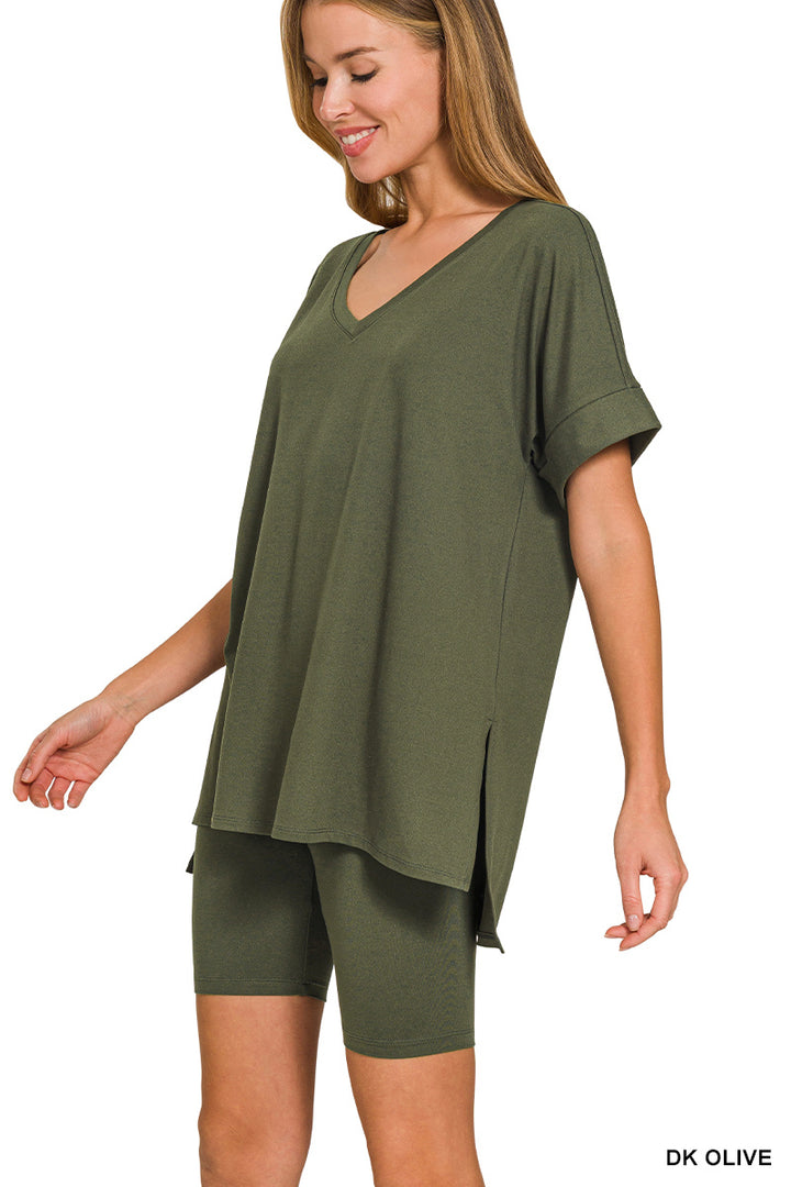 Brushed dty microfiber v-neck top &amp; biker shorts