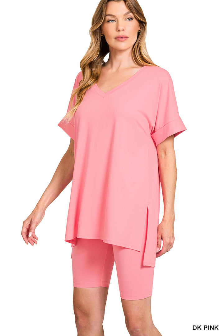 Brushed dty microfiber v-neck top &amp; biker shorts