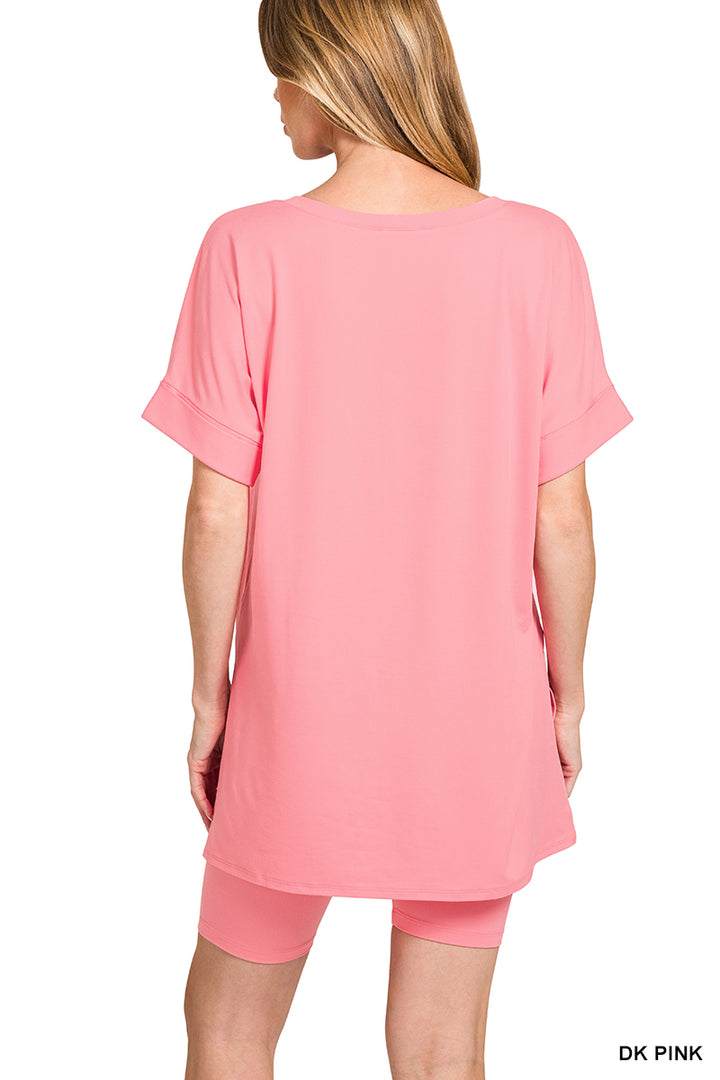 Brushed dty microfiber v-neck top &amp; biker shorts