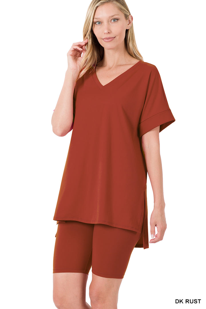 Brushed dty microfiber v-neck top &amp; biker shorts