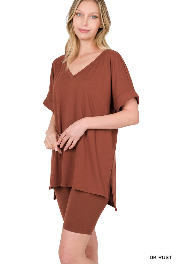 Brushed dty microfiber v-neck top &amp; biker shorts