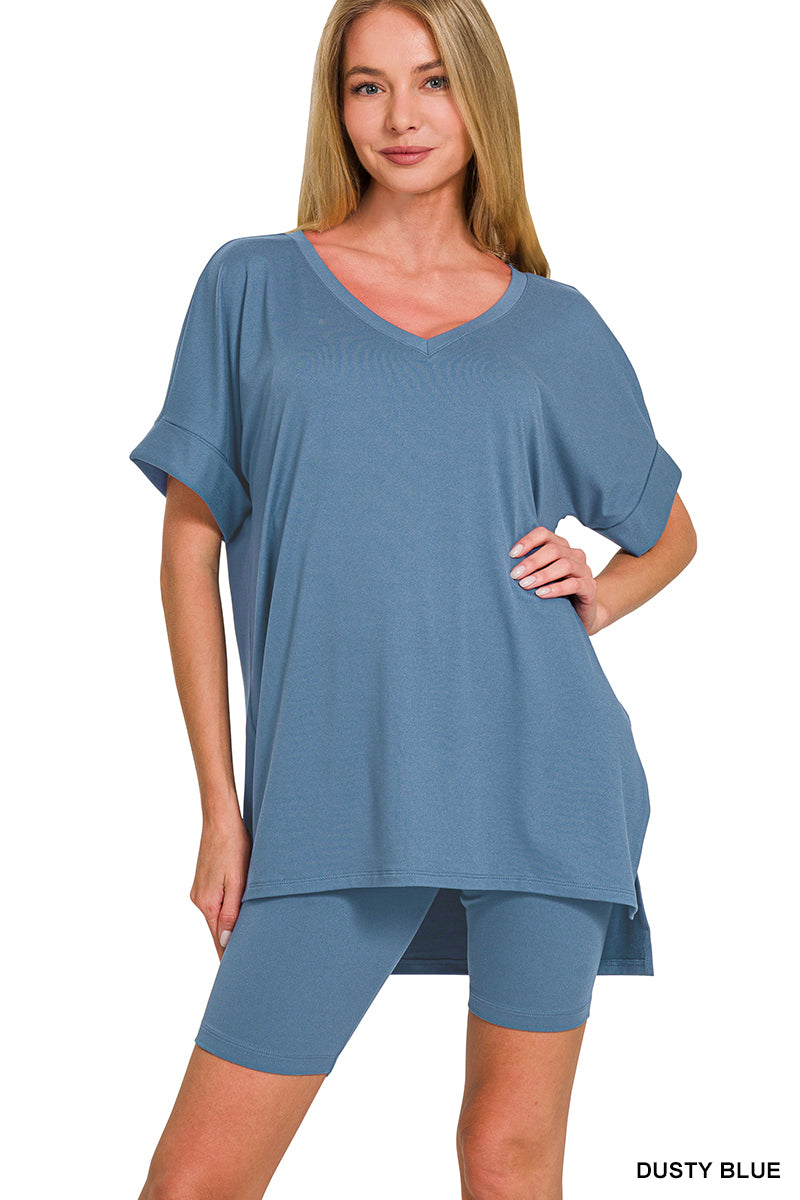 Brushed dty microfiber v-neck top &amp; biker shorts