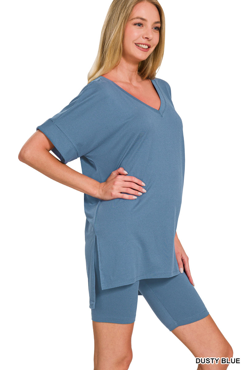 Brushed dty microfiber v-neck top &amp; biker shorts