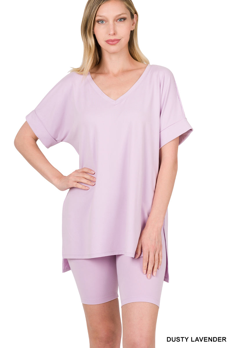 Brushed dty microfiber v-neck top &amp; biker shorts