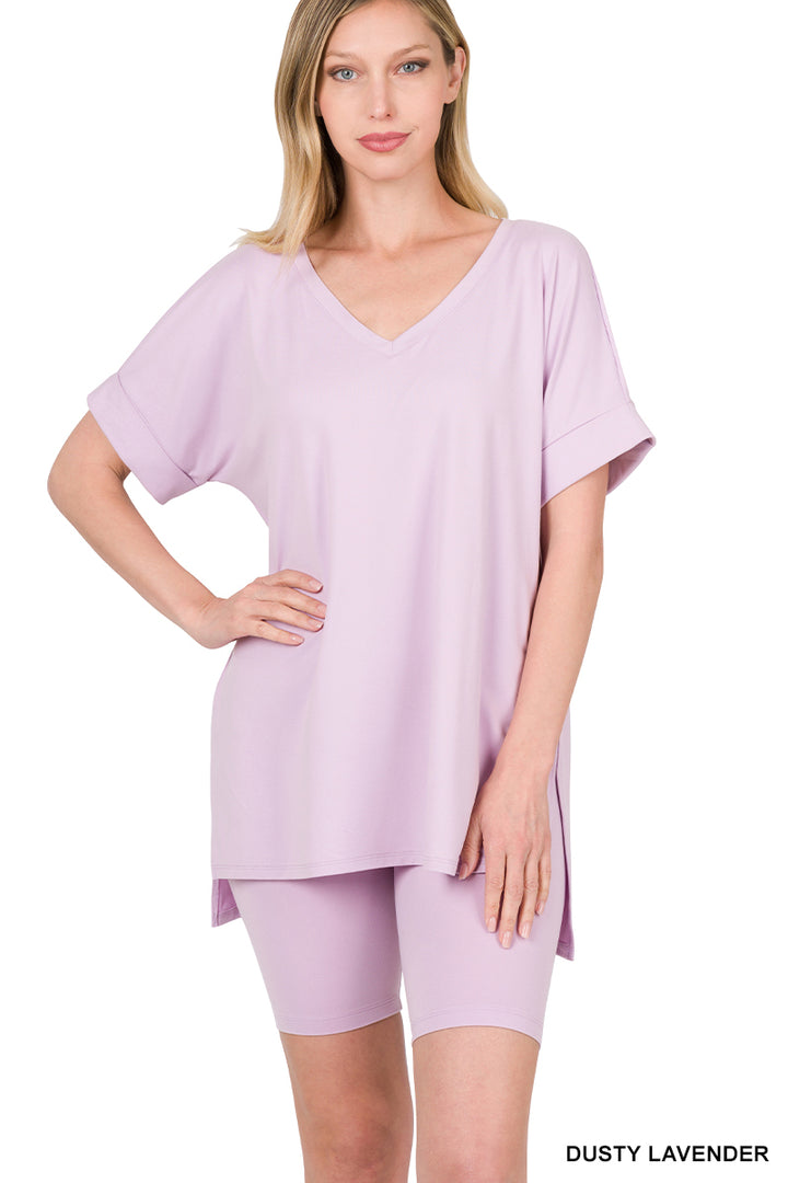 Brushed dty microfiber v-neck top &amp; biker shorts