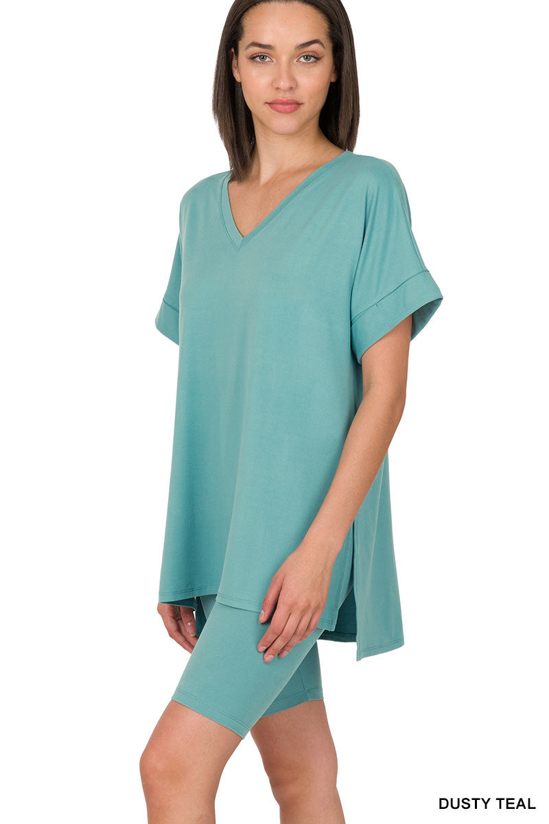 Brushed dty microfiber v-neck top &amp; biker shorts