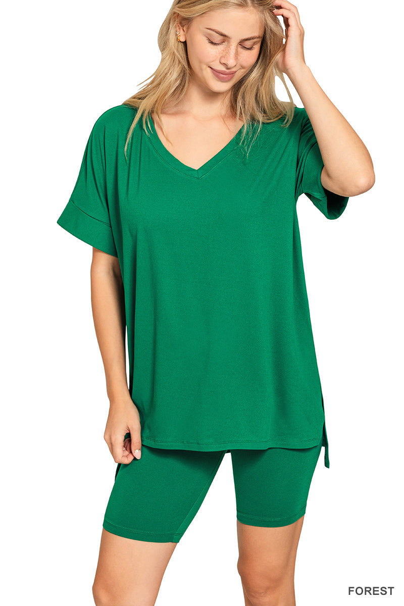 Brushed dty microfiber v-neck top &amp; biker shorts