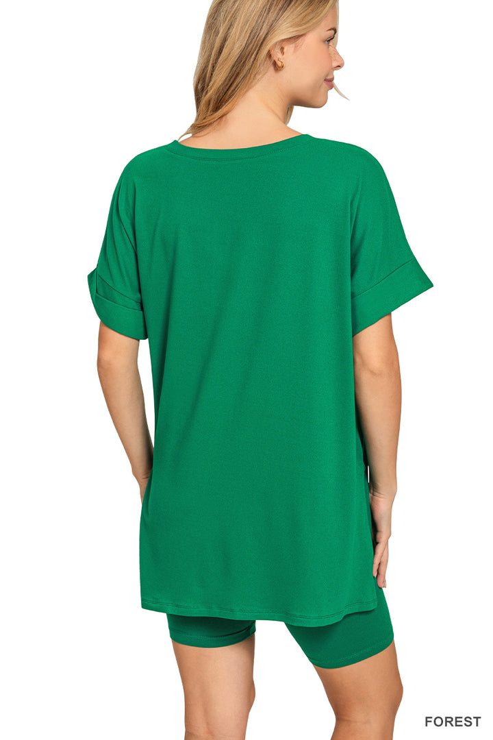 Brushed dty microfiber v-neck top &amp; biker shorts