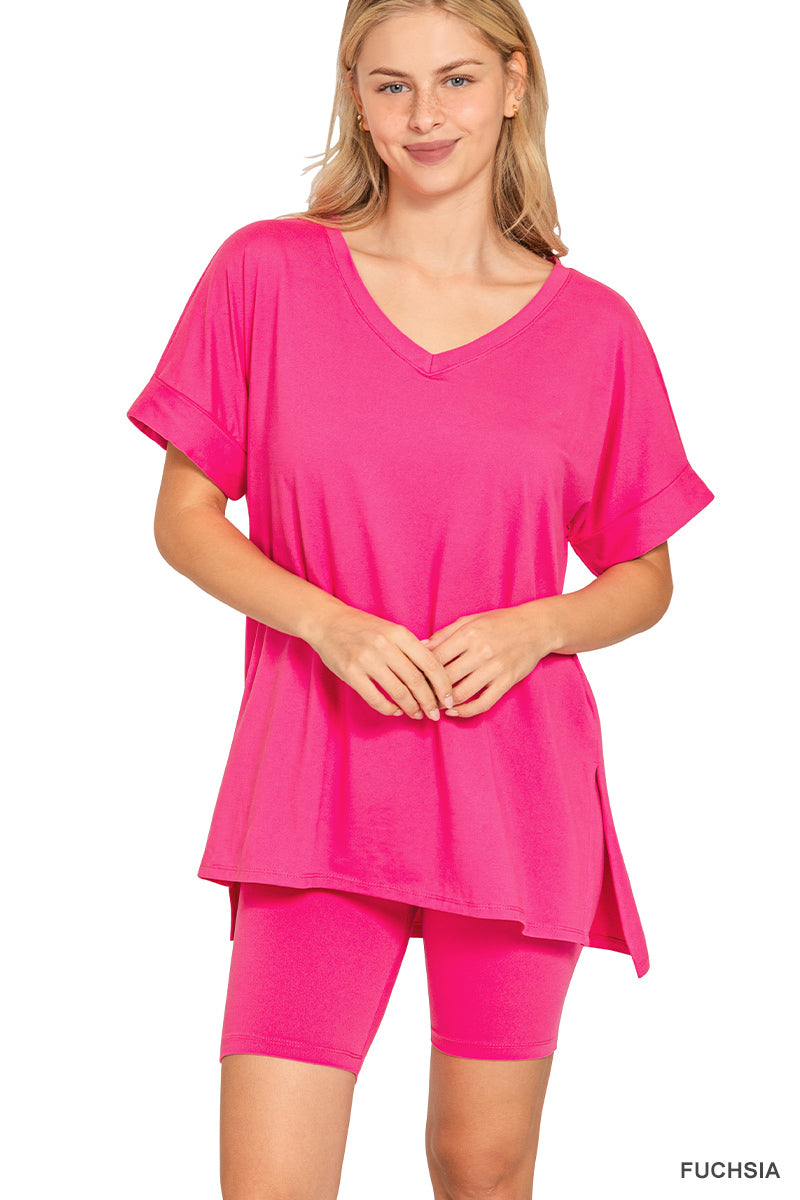 Brushed dty microfiber v-neck top &amp; biker shorts