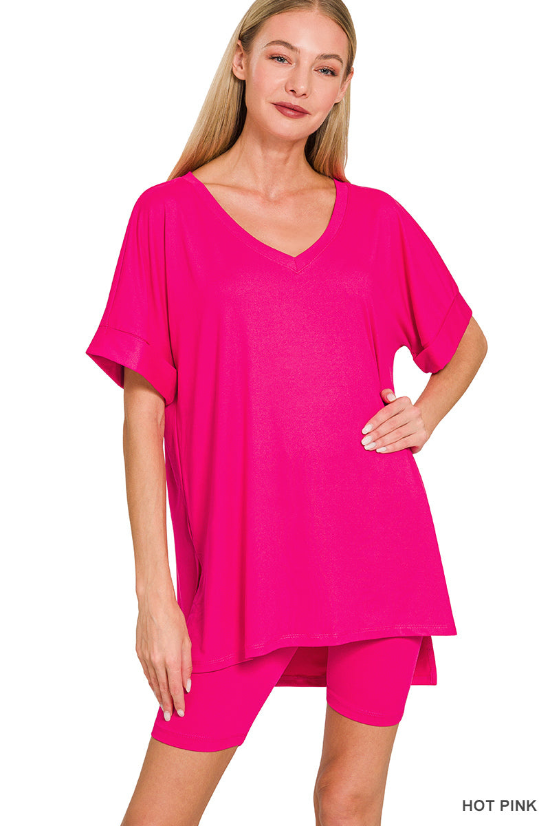 Brushed dty microfiber v-neck top &amp; biker shorts