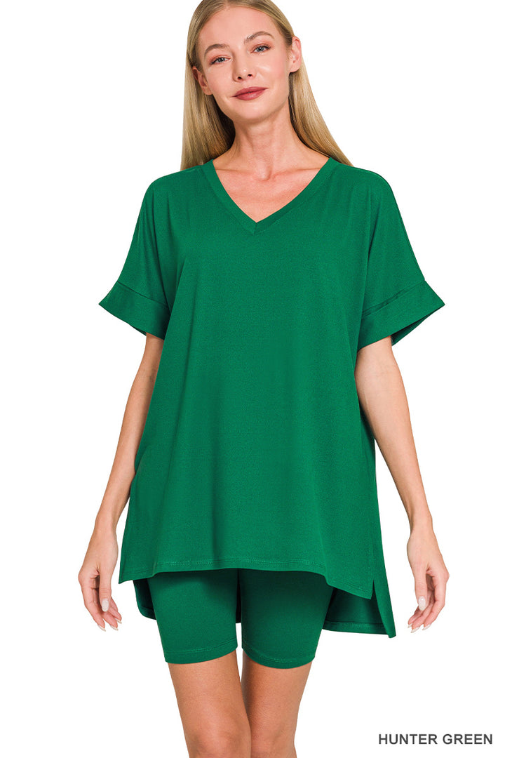 Brushed dty microfiber v-neck top &amp; biker shorts