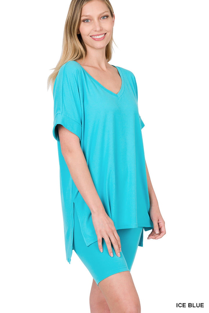 Brushed dty microfiber v-neck top &amp; biker shorts