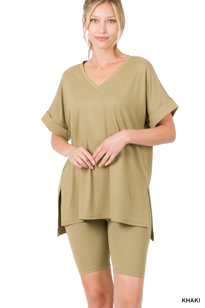 Brushed dty microfiber v-neck top &amp; biker shorts